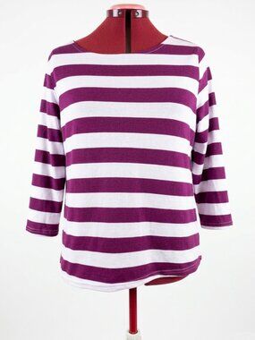 Sahara Woman | Wide-Stripe Boatneck 3/4 Sleeve Top - White & Burgundy - Size 36